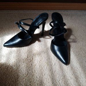 Black matte pointed toe ankle strap heel